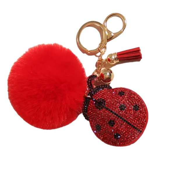 Rhinestone Ladybug with Red Pom Pom and Tassel Keychain - Picture 1 of 6